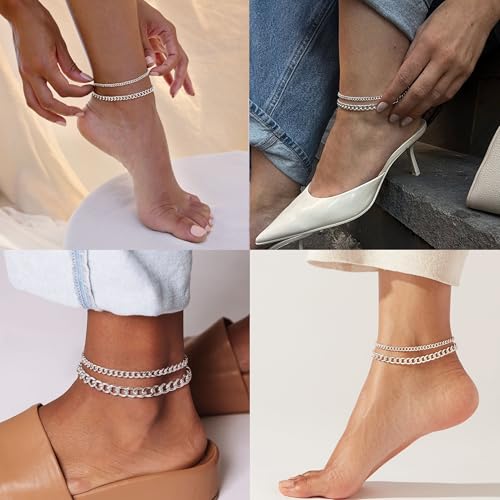 Foxgirl Gold Ankle Bracelets for Women 14K Gold Plated/Silver Anklets for Women Waterproof Minimalist Cuban Link Anklets Set Dainty Layered Ankle Bracelets Anklets for Women Gold Anklet Jewelry Gifts - style: Silver