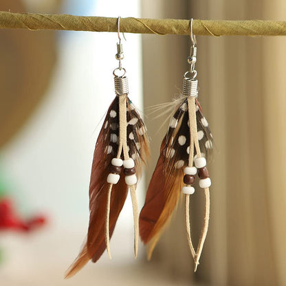 Boho Colorful Feather Dangle Earrings Handmade Beads Taseel Fashion Earrings for Women - color: Brown