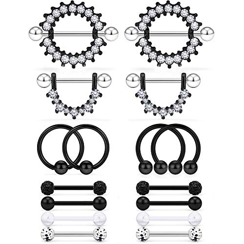 Cisyozi 16G 14G Nipple Piercing Jewelry Tongue Rings Hypoallergenic Surgical Steel Screw Nipple Tongue Shield Ring Barbell Body Piercing Jewelry Retainer for Women 9/16 Inch 14mm - color: B:14G(1.6MM)-8Pairs - Black