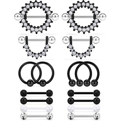 Cisyozi 16G 14G Nipple Piercing Jewelry Tongue Rings Hypoallergenic Surgical Steel Screw Nipple Tongue Shield Ring Barbell Body Piercing Jewelry Retainer for Women 9/16 Inch 14mm - color: B:14G(1.6MM)-8Pairs - Black