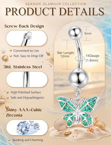 Dochais Belly Buton Rings Surgical Stainless Steel Belly Button Ring for Women Dangle Belly Button Rings Butterfly Cubic Zirconia Navel Barbell Body Piercing - color: Silver
