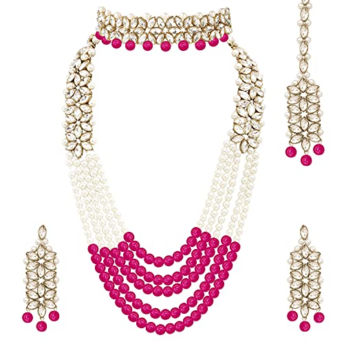 Aheli Wedding Party Wear Bridal Jewellery Choker Long Pearl Necklace Earrings Maang Tikka Indian Traditional Set Gift for Women - color: Rani Pink 1