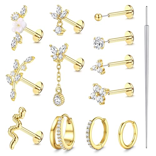 20G 18G Threadless Flat Back Earrings 316L Surgical Steel, 12PCS | Hypoallergenic Push in Stud Earrings, 14K Gold Plated Cartilage Earring Stacks, Helix Conch Tragus Nose Piercing Jewelry - color: 14K Gold Tone, size: 18G-6MM Bar