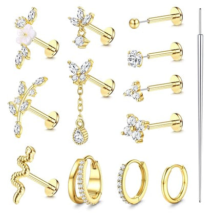 20G 18G Threadless Flat Back Earrings 316L Surgical Steel, 12PCS | Hypoallergenic Push in Stud Earrings, 14K Gold Plated Cartilage Earring Stacks, Helix Conch Tragus Nose Piercing Jewelry - color: 14K Gold Tone, size: 18G-6MM Bar