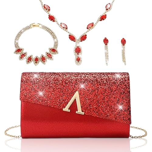 YYW 4 Pieces Women Evening Handbags Clutch Purse Bag with Rhinestone Crystal Jewelry Set for Wedding Party - color: red 1