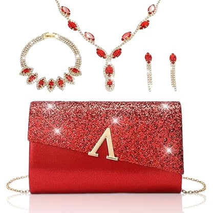 YYW 4 Pieces Women Evening Handbags Clutch Purse Bag with Rhinestone Crystal Jewelry Set for Wedding Party - color: red 1