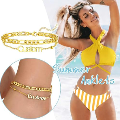 U7 Custom Layered Ankle Bracelets for Women Stainless Steel Bead/Cuban/Figaro/Rope/Wheat Chain Anklet Waterproof Anklet Jewelry for Beach Vacation - color: a-Gold Plated-Figaro Chain
