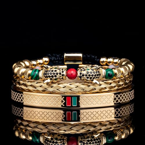 3pcs/set Classical Handmade Braiding Bracelet Hip Hop Men Pave CZ Leopard Head Roman Numeral Bracelet Stainless Steel Jewelry - color: 3pcs S Double Leopard Head Golden