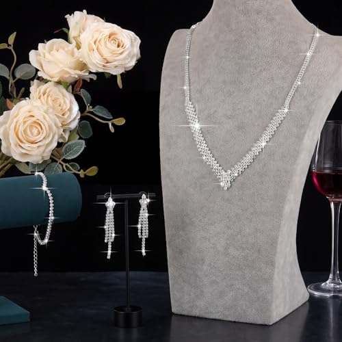 Quelay 4 Pcs Purse Rhinestone Jewelry Set Women | Wedding Bridal Prom Jewelry Sparkly Clutch Handbag with Necklace Bracelet Dangle Earrings Shiny Costume Kit - color: Silver, style: Elegant