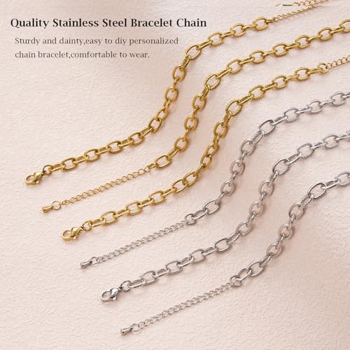 KYUNHOO 6.7 Inches Bracelet Chain for Jewelry Making Adjustable Extender | 10pcs Stainless Steel Jewelry Links on Bulk Silver and Gold Plated Embossed Oval Chains for Bracelets DIY - color: oval cable
