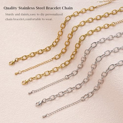 KYUNHOO 6.7 Inches Bracelet Chain for Jewelry Making Adjustable Extender | 10pcs Stainless Steel Jewelry Links on Bulk Silver and Gold Plated Embossed Oval Chains for Bracelets DIY - color: oval cable