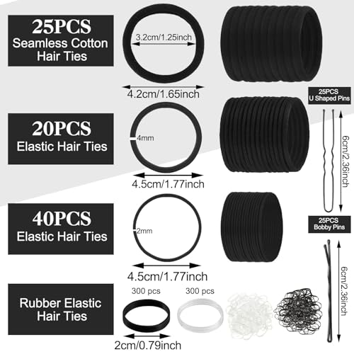 735 Pcs Black Hair Ties and Bobby Pins Set, Clear Elastic Bands, No Damage Hair Accessories for Thick Hair, Women and Girls