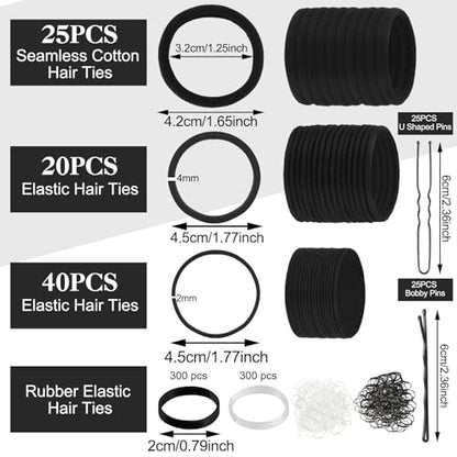 735 Pcs Black Hair Ties and Bobby Pins Set, Clear Elastic Bands, No Damage Hair Accessories for Thick Hair, Women and Girls