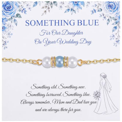 Ralukiia Something Blue Anklet for Bride, Walk Down the Aisle Anklet, Wedding Day Foot Jewelry, Something Blue Wedding Gifts for Bride, Bridal Ankle Bracelet, Bridal Shower Gift - color: Our Daughter Gold