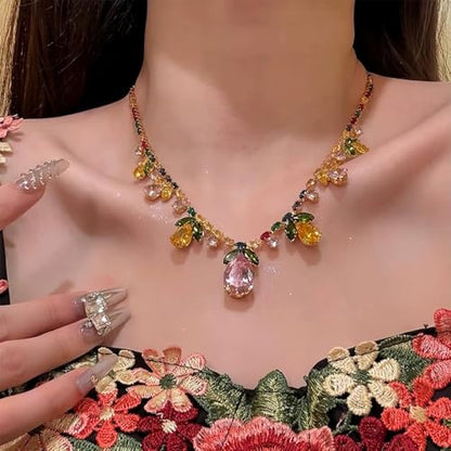 NewZenro Colorful Crystal Flower Teardrop Leaf Tennis Necklace for Women Gold-Tone Dainty Sparkling Rainbow Multicolor Rhinestone Cubic Zirconia Choker Necklaces Bride Wedding Party Fashion Jewelry