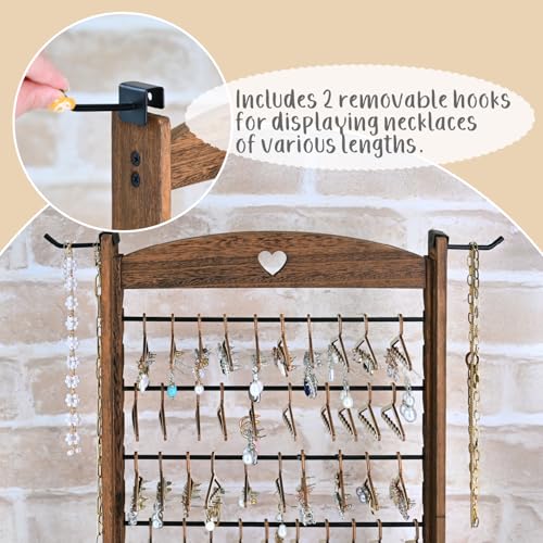 Ikee Design Wooden 120 pairs Earrings Display Stand, Jewelry Necklace Display Rack, Jewelry Organizer with 60 Mini Hangers and 2 Removable Hooks, Brown Color, 12.2W x 4.7D x 16.3H in
