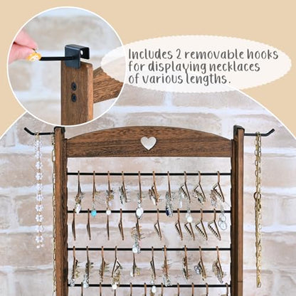 Ikee Design Wooden 120 pairs Earrings Display Stand, Jewelry Necklace Display Rack, Jewelry Organizer with 60 Mini Hangers and 2 Removable Hooks, Brown Color, 12.2W x 4.7D x 16.3H in