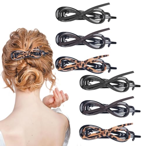 6 Pcs Bow Hair Clips, Retro Acrylic Soft Leather Bowknot Twisted Flat Claw, Ponytail Holder Barrettes, Flat Claw Clips for Women Thick Hair, Non-Slip Strong Holder Accessories