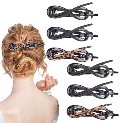 6 Pcs Bow Hair Clips, Retro Acrylic Soft Leather Bowknot Twisted Flat Claw, Ponytail Holder Barrettes, Flat Claw Clips for Women Thick Hair, Non-Slip Strong Holder Accessories