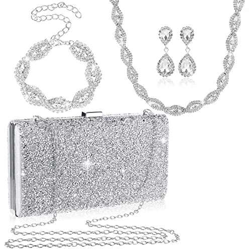 Mixweer 4 Pieces Clutch Purses Bag for Women Evening Rhinestone Jewelry Set Bling Necklace Earrings Bracelets Set for Wedding - style: Vintage Style