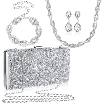 Mixweer 4 Pieces Clutch Purses Bag for Women Evening Rhinestone Jewelry Set Bling Necklace Earrings Bracelets Set for Wedding - style: Vintage Style
