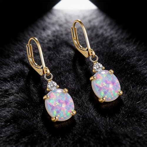 Dainty Opal Earrings for Women Sterling Silver Pear Oval Blue Opal Dangle Earrings Leverback Earrings Gold - color: leverback-gold opal