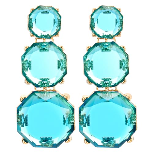 Aqua Blue Crystal Drop Earrings for Women, Oversized Faceted Geometric Dangle Statement Earrings