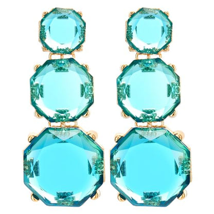 Aqua Blue Crystal Drop Earrings for Women, Oversized Faceted Geometric Dangle Statement Earrings