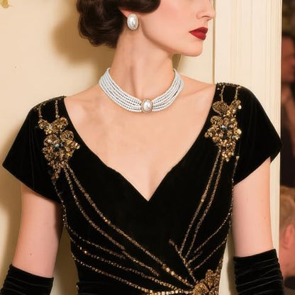 Vintage 1920s Costume Jewelry Multilayer Imitation Pearls Shiny Strand Choker Necklace Large Dangle Earrings for Women Wedding Halloween Cosplay Party Prom Accessories - style: Clip On