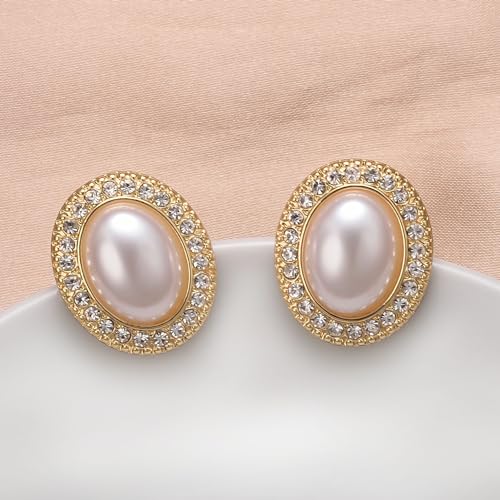 Yoursfs Faux Pearl Clip On Earrings For Women 18K Gold Plated Button Ear Clips - style: Oval Big White Pearl Clip on Earrings