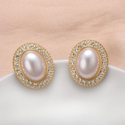 Yoursfs Faux Pearl Clip On Earrings For Women 18K Gold Plated Button Ear Clips - style: Oval Big White Pearl Clip on Earrings
