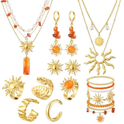 Tondiamo 16 Pcs Gold Sun Jewelry Set for Women Sunburst Earrings Rings Boho Hippie Layer Charm Necklace Summer Beach Bracelets Anklet for Holiday Vacation Accessories