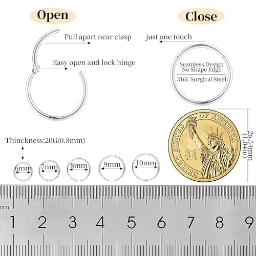 10Pcs 18G 20G Surgical Steel Nose Rings Hoops for Women Men Hinged Seamless Clicker Nose Hoops Cartilage Helix Tragus Daith Sleeper Earrings Hoop Hypoallergenic Nose Piercing 6/7/8/9/10MM - color: silver, size: 20G