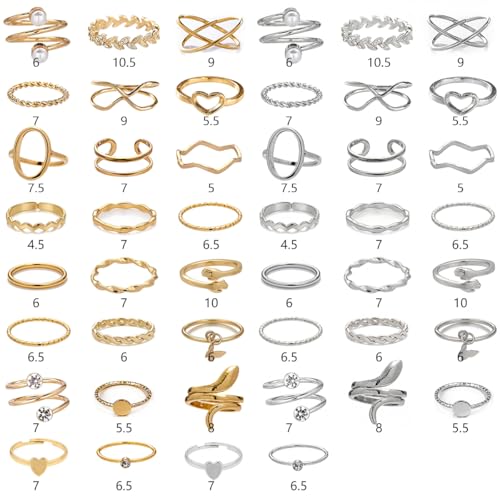 42-Piece Gold Tone Stackable Ring Set for Women, Boho Minimalist Stacking Rings with Crystal & Heart Accents, Adjustable Open Band Jewelry for Daily Wear - style: ZH00100