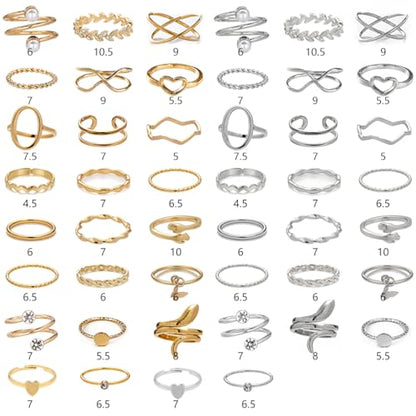 42-Piece Gold Tone Stackable Ring Set for Women, Boho Minimalist Stacking Rings with Crystal & Heart Accents, Adjustable Open Band Jewelry for Daily Wear - style: ZH00100
