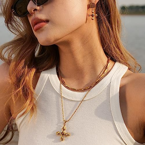 NUZON Sunburst Heart / 2-Tone Interlocking/CZ Evil Eye/Single Pearl/Love Heart Pendant Necklace for Women 14K Gold Chain Necklace Chunky Statement Jewelry - color: Tiger Eye Cross