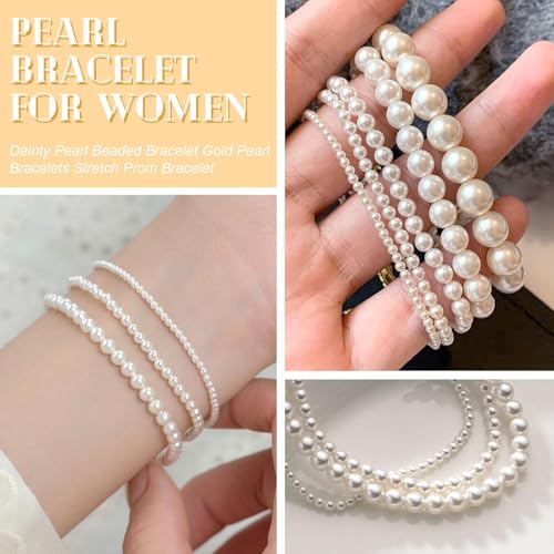 Pearl Bracelets for Women Dainty Gold Pearl Stretch Stackable Bracelet Bridesmaid Wedding Jewelry Gifts Prom Wedding Guest Dress - color: L:White Pearl Bracelet