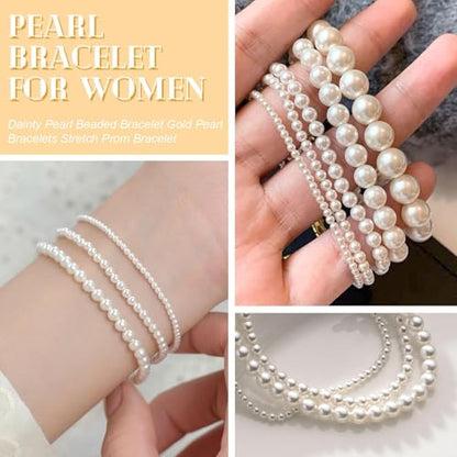 Pearl Bracelets for Women Dainty Gold Pearl Stretch Stackable Bracelet Bridesmaid Wedding Jewelry Gifts Prom Wedding Guest Dress - color: L:White Pearl Bracelet