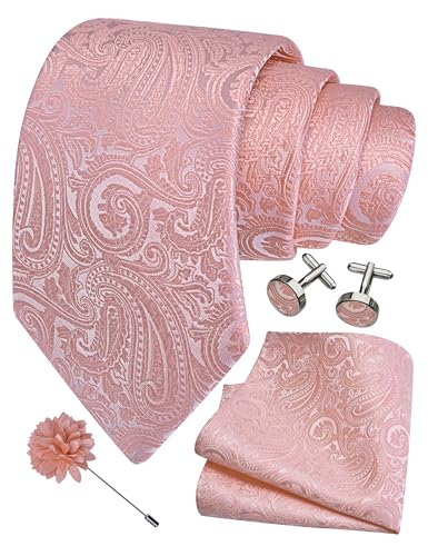 GUSLESON 3.15"（8cm） Mens Tie and Lapel Pin Paisley Necktie Hankerchief Cufflinks Set for Men - color: Rose Gold