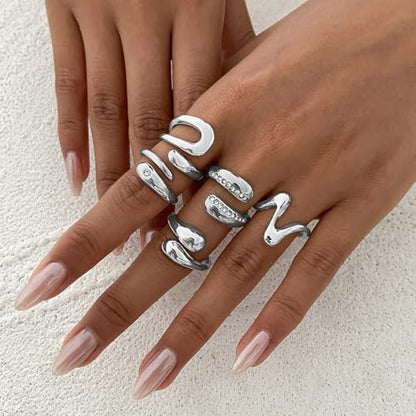 Chunky Gold Rings for Women Rhinestone Stackable Knuckle Ring Set Open Adjustable Statement Ring Set Dainty Crown Cross Midi Rings Fashion Jewelry Gift for Women - color: Silver2