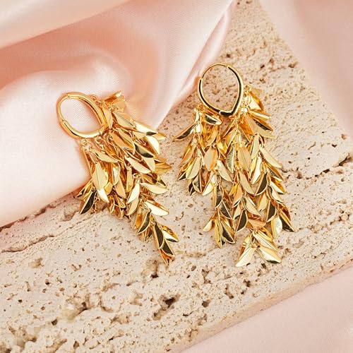 Sylph 14K 18K Gold Plated Chandelier Earrings for Women, Long Tassel Earring Huggie, Silver Leaf Dangle Drop Earrings, Dainty Bohemian Jewelry Gifts for Wedding Everyday Wear - color: A-18K Gold Plated Chandelier Earrings