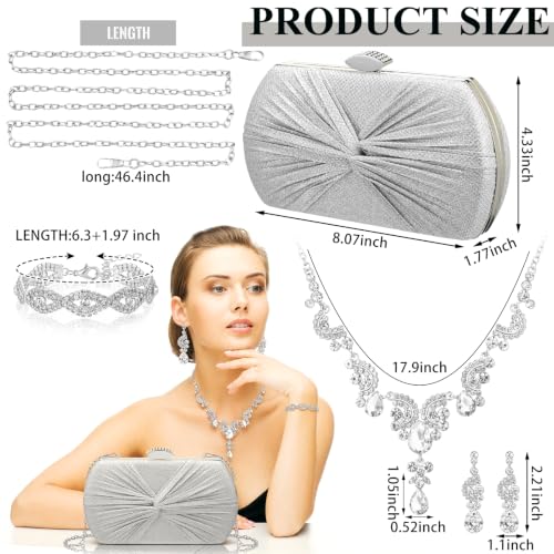 Quelay 4 Pcs Purse Rhinestone Jewelry Set Women | Wedding Bridal Prom Jewelry Sparkly Clutch Handbag with Necklace Bracelet Dangle Earrings Shiny Costume Kit - color: Silver, style: Twisted Pleated