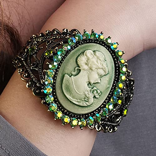 Rosemarie & Jubalee Women's Stunning Vintage Inspired Burnished Gold Statement Victorian Elegance Metal Frame Hinged Cuff Bangle Bracelet, 6.75" - style: Green Cameo