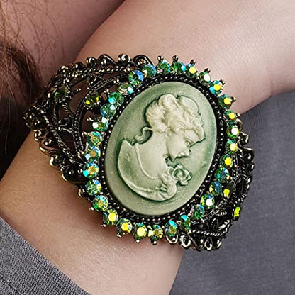 Rosemarie & Jubalee Women's Stunning Vintage Inspired Burnished Gold Statement Victorian Elegance Metal Frame Hinged Cuff Bangle Bracelet, 6.75" - style: Green Cameo