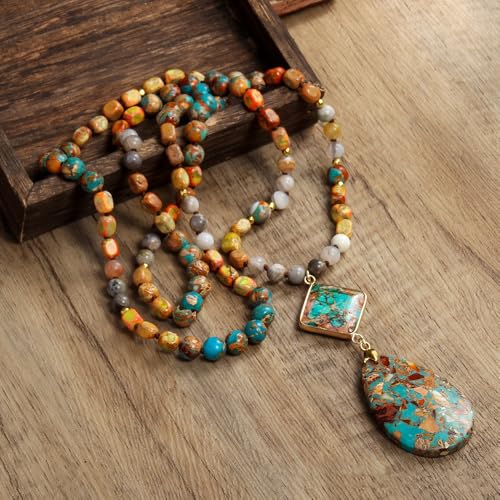 Yomisa Long Necklaces for Women Trendy, 33/34/35 inch | Boho Beaded Necklaces for Women, Natural Stone Pendant, Handmade Knotted Bead, Bohemian Holiday Summer Western Charm Jewelry - color: 35inch-Orange&Blue