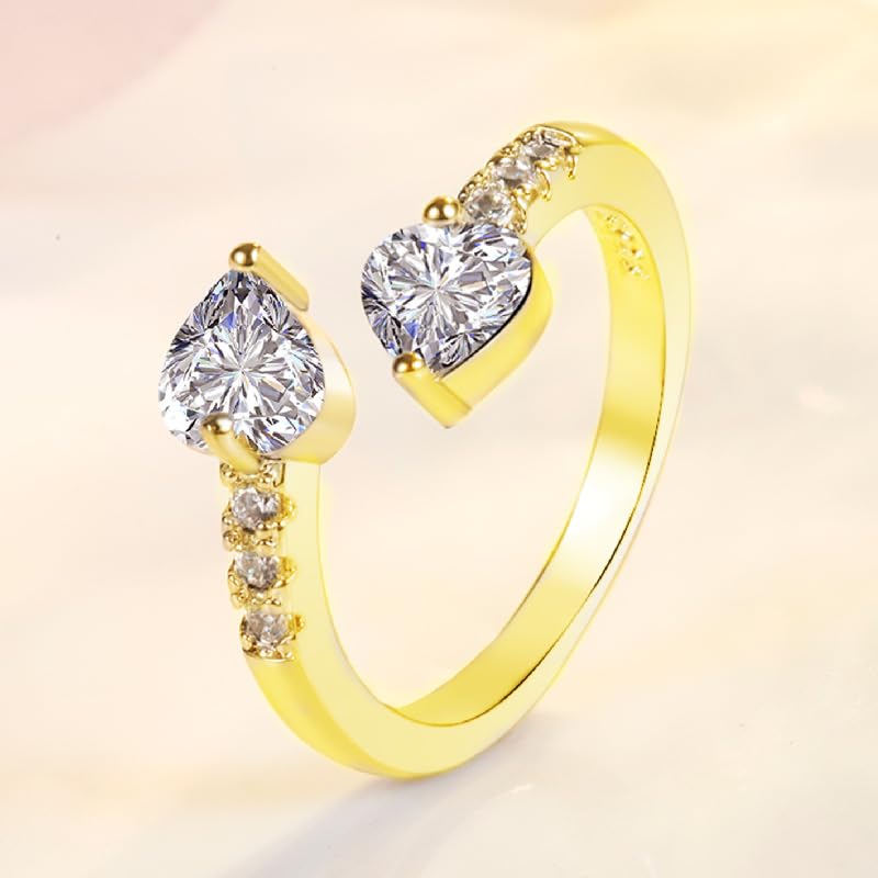 hsiyyecg Sliver/Gold Plated Double Heart Eternity Ring Shiny Cubic Zirconia Crystal Engagement Wedding Band Promise Ring Open Adjustable Statement Rings for Women(Gold) - color: gold