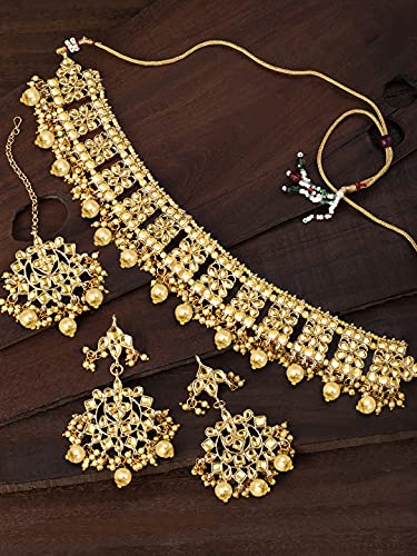 Aheli Elegant Indian Faux Kundan Studded Choker Necklace with Maang Tikka Set Ethnic Wedding Wear Bharatanatyam jewellery set Gift for Women - color: Gold