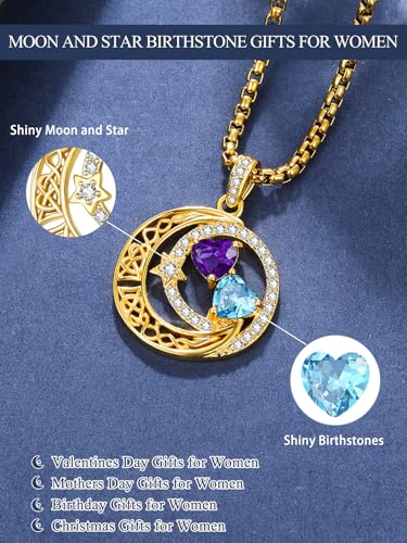 14K Gold Moon and Star Double Birthstone Necklace Gifts for Women | 2 Heart Birthstone Necklace,Mothers Day Wedding Anniversary Birthday Gifts for Wife Mom Daughter Grandma Sister - color: 02-03-Feb-Mar Birthstone
