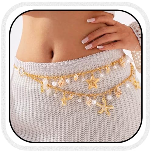 BODIY Seashell Waist Body Chain Starfish Belly Chain Jewelry for Women | Gold Bikini Waist Chain Mermaid Custom Accessories Layered Summer Beach Chain Adjustable for Party Vacation Fashion - color: Gold Layered