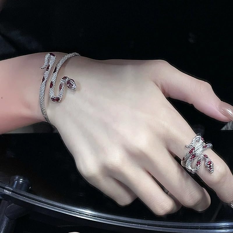 Gold/Silver Snakes Jewelry for Women Goth Snake Bracelet Ring Set Open Adjustable Snake Ring Halloween Prom Jewelry Costume Accessories Emo Accessories - color: Silver2